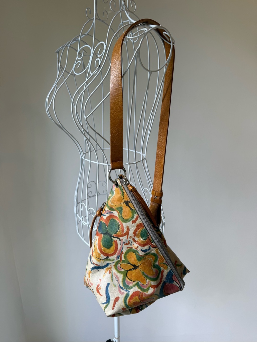 SKIN Argentina Hand Painted Leather Triangle Shoulder Bag Floral Artisan Purse